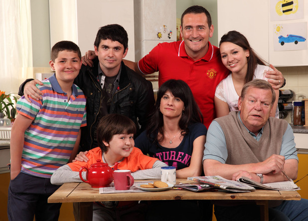 In with the Flynns: Steve (DANIEL ROGERS), Kevin (ALEX CARTER), Mikey (LORENZO RODRIGUEZ)., Caroline (NIKY WARDLEY), Liam (WILL MELLOR), Chloe (NADINE MULKERRIN), Jim (WARREN CLARKE)