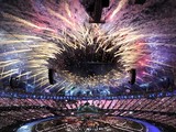 Fireworks mark the opening of the London Olympic Games 2012 Opening Ceremony at the Olympic Stadium, London.