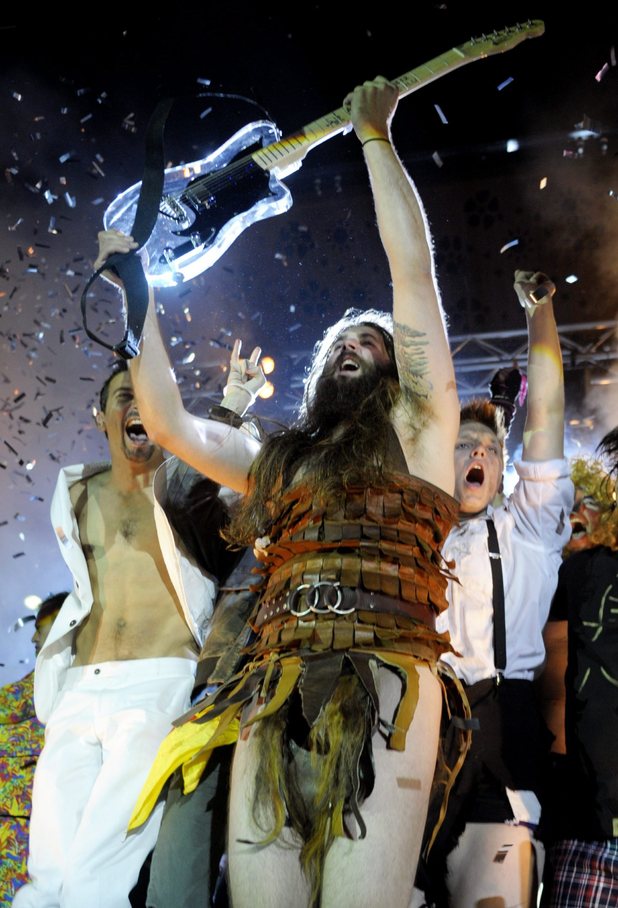 Justin "Nordic Thunder" Howard USA with the first prize hand made guitar made by Matti Nevalainen
The Air Guitar World Championships, Oulu,