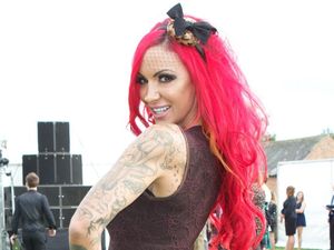 Jodie Marsh poses for photographers at the Crazy Bear Festival in Oxfordshire.