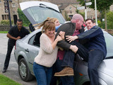 Emmerdale 6344: Marlon and Paddy get into a fight as the taxi arrives to take Paddy and Rhona to the airport