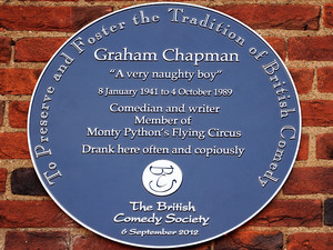 A general view of a British comedy society plaque outside The Angel Inn in Highgate, London, dedicated to former Monty Python star Graham Chapman.