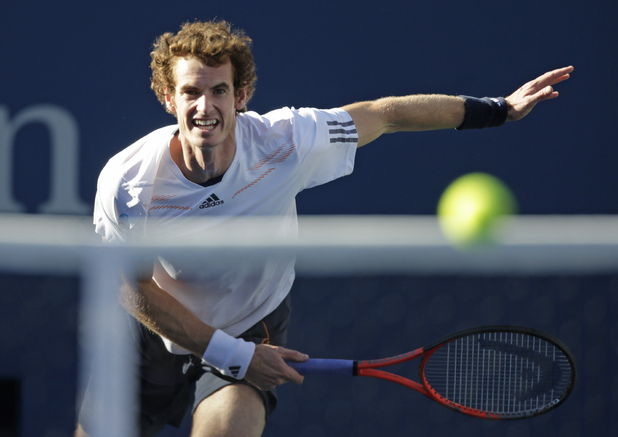 Andy Murray serves to Serbia's Novak Djokovic during the championship match at the 2012 US Open tennis tournament
