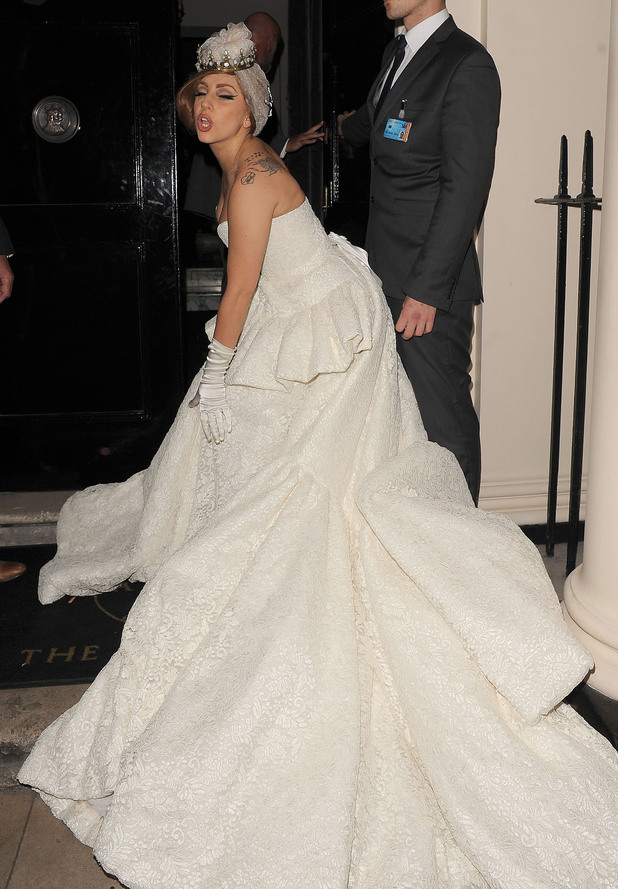 Lady Gaga arriving at The Arts Club wearing a stunning wedding dress