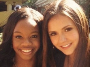 Olympic athlete Gabby Douglas alongside Nina Dobrev on the set of 'The Vampire Diaries'