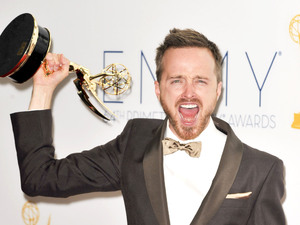 Aaron Paul with his Supporting Actor In A Drama Series award at the 64th Annual Primetime Emmy Awards press room