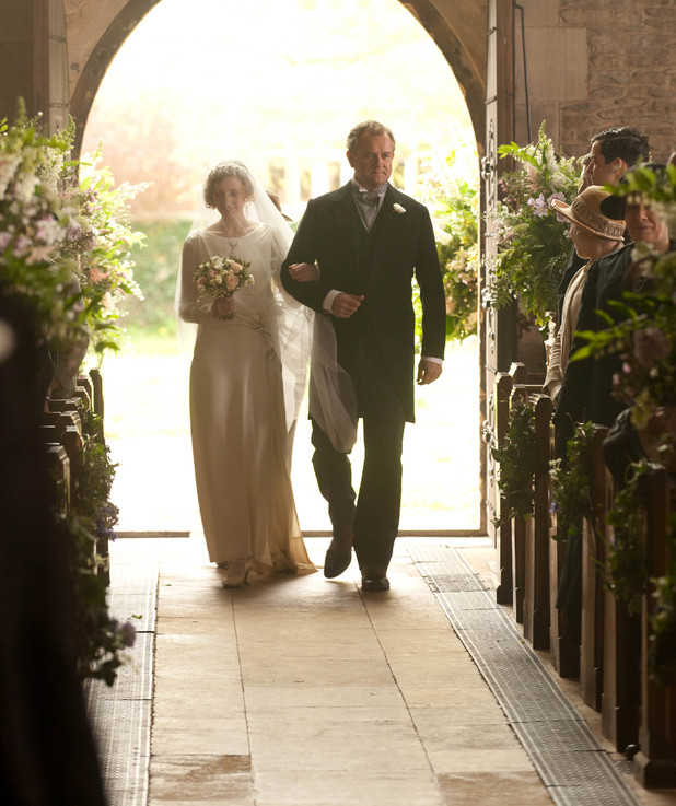 Laura Carmichael as Lady Edith, Hugh Bonneville as Earl of Grantham, Robert