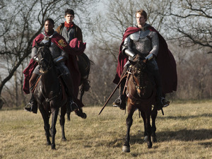 Merlin Season 5, Episode 1 - 'Merlin's Bane - Part 1'. Sir Elyan (Adetomiwa Edun), Merlin (Colin Morgan), King Arthur Pendragon (Bradley James), Sir Leon (Rupert Young)