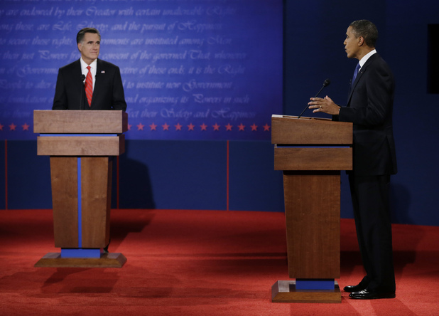 US president Barack Obama (DEM) and Massachusetts governor Mitt Romney (REP) at the first presidential debate of the 2012 election campaign - October 3, 2012