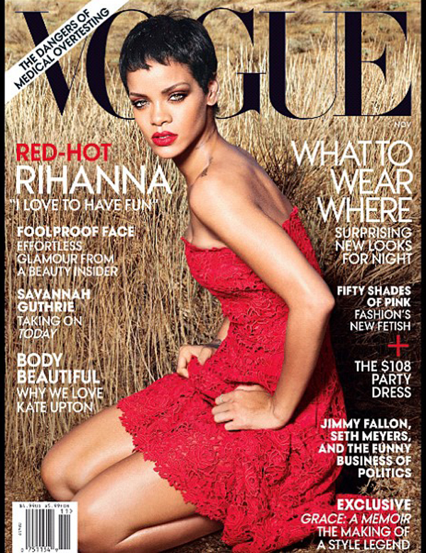 Rihanna US Vogue cover November 2012, red Valentino dress