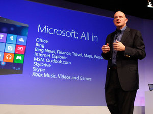 Microsoft CEO Steve Ballmer announces the availability of Windows 8 at launch event in NYC.