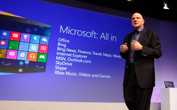 Microsoft CEO Steve Ballmer announces the availability of Windows 8 at launch event in NYC.