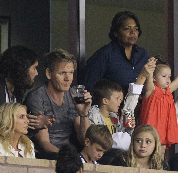 Victoria, Cruz and Harper Beckham, Russell Brand, Gordon Ramsay watching LA Galaxy match 28.10.12