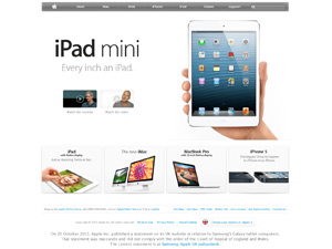 A view of Apple's UK website with Javascript disabled, and the apology notice visable at the bottom of the page.