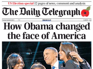 Newspaper covers on 08/11/12 covering the re-election of Obama: The Daily Telegraph