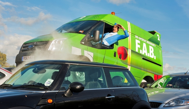 Virgin Media Thunderbird 2 flies over traffic
