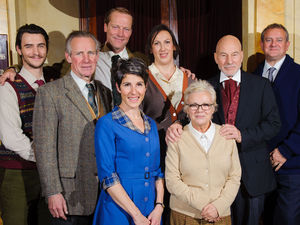 Harry Lloyd, Nicholas Farrell, Iain Glen (back) Tamsin Greig, Miranda Hart, Julie Walters, Patrick Stewart and Hugh Bonneville, the cast of a one-off performance of 'The Mousetrap' at St Martin's Theatre in central London