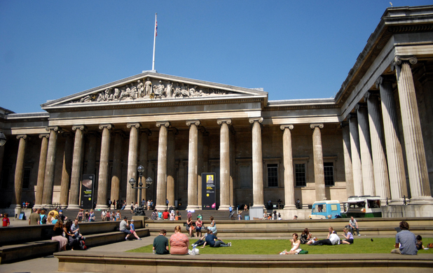 General view of the entrance to the British Museum on Great Russell Street in London