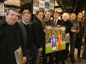 Keith Mullin from The Farm, Kenny Dalglish, John Bishop, Peter Hooton from The Farm, Steve Rotherham MP, Mike McCartney, Phil Thompson, Andy Brown from Lawson and Carl Hunter from The Farm, pose for photographers during the launch of 'The Justice Collective: He Ain't Heavy...' single at HMV in Liverpool