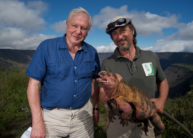 Sir David Attenborough with Dr Gabriele Gentile and Pink Iguana
