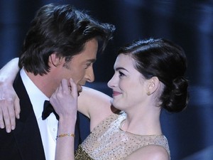 Hugh Jackman performs a skit with actress Anne Hathaway during the 81st Academy Awards 2009