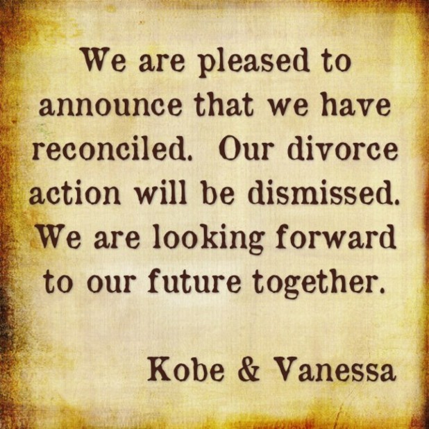Kobe, Vanessa Bryant confirm reconciliation on Instagram