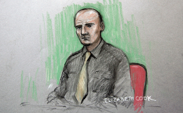 Court artist sketch by Elizabeth Cook of Tony McCluskie in the dock at the Old Bailey where he is accused of the murder of his sister, former EastEnders actress Gemma McCluskie