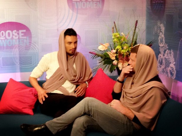 Rylan Clark and Dermot O'Leary wear headscarves in the green room for Loose Women