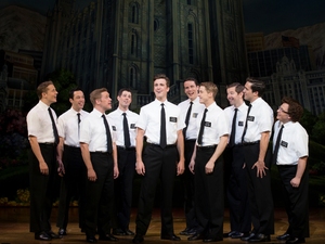 Gavin Creel (Elder Price, centre), Jared Gertner (Elder Cunningham, right) and the cast of The Book of Mormon