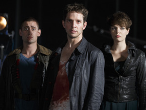 Being Human S05E06: 'The Last Broadcast' - Tom (Michael Socha), Hal (Damien Molony) and Alex (Kate Bracken)