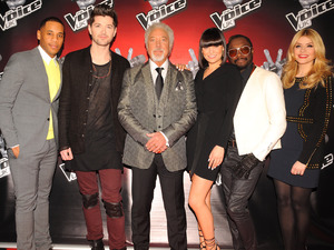 Reggie Yates, Danny O'Donoghue, Tom Jones ,Jessie J, will.i.am and Holly Willoughby at the launch of latest series of BBC talent show, The Voice, at the Soho Hotel in London. 