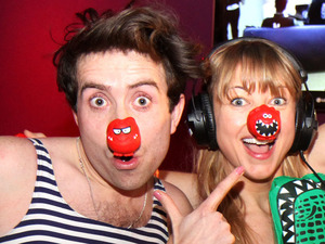Nick Grimshaw, Sara Cox, Greg James and Dev sporting swimwear during Radio 1's Red Nose Day Challenge with Nick Grimshaw
