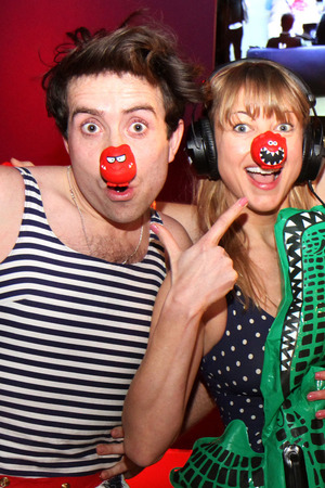 Nick Grimshaw, Sara Cox, Greg James and Dev sporting swimwear during Radio 1's Red Nose Day Challenge with Nick Grimshaw