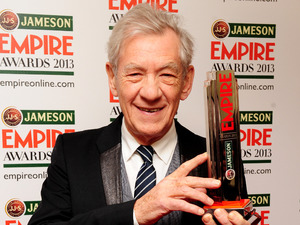 Sir Ian Mckellen with the Best Science Fiction Fantasy award for The Hobbit