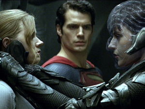 Amy Adams as Lois Lane, Henry Cavill as Superman and Antje Traue as Faora in Man of Steel.