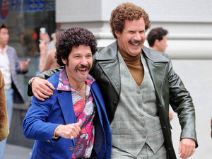 Paul Rudd and Will Ferrell on the set of 'Anchorman: The Legend Continues' in New York