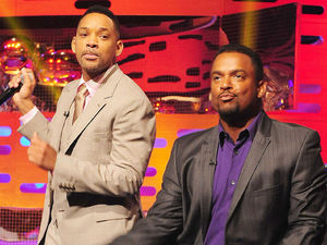 Will Smith, Alfonso Ribeiro and DJ Jazzy Jeff on the decks behind during filming of the Graham Norton show.