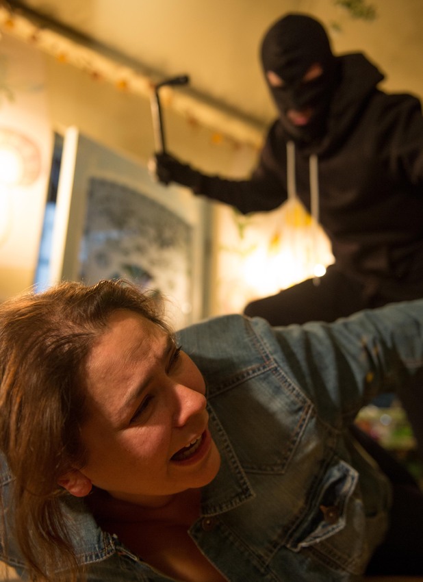 Myra is pushed to the floor.