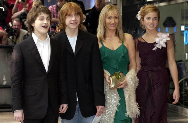 Author JK Rowling (centre right) and stars of the film Daniel Radcliffe (left), Rupert Grint and Emma Watson arrive for the UK premiere of Harry Potter And The Prisoner of Azkaban at the Odeon Leicester Square in Central London, the third film from author JK Rowling's series of books on the boy wizard.