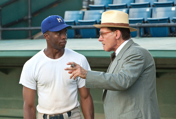 Chadwick Boseman as Jackie Robinson & Harrison Ford as Branch Rickey in '42'
