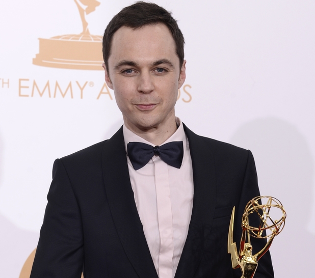 Jim Parsons poses backstage with the award for outstanding lead actor in a comedy series for his role on 'The Big Bang Theory' at the 65th Primetime Emmy Awards