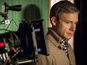 Two images show Benedict Cumberbatch and Martin Freeman filming.