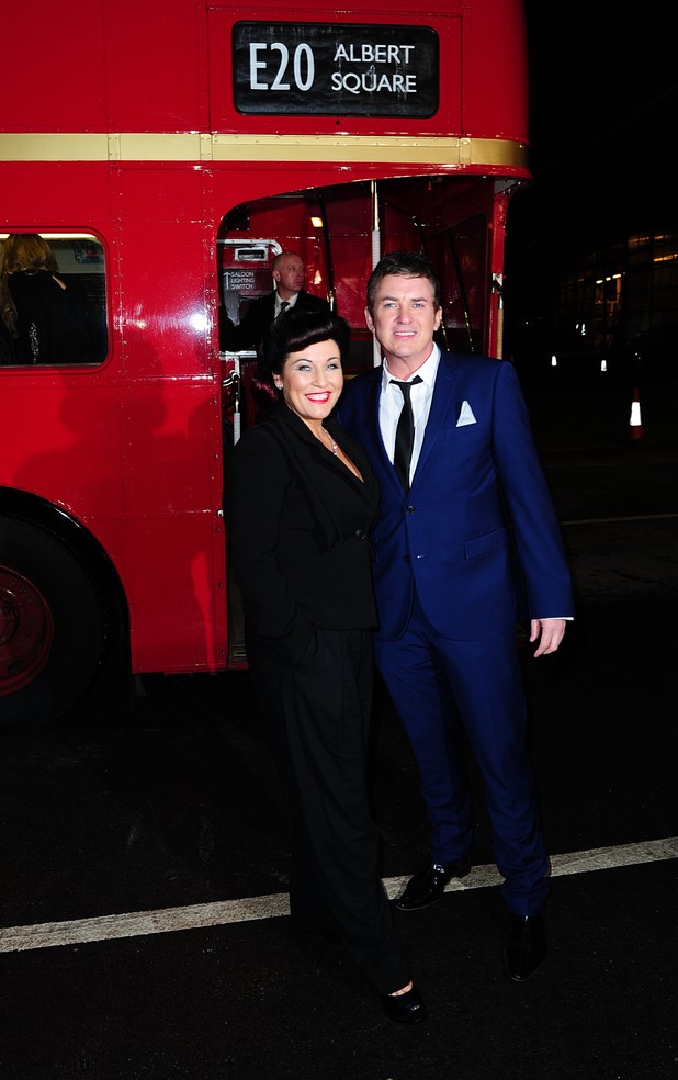Jessie Wallace and Shane Richie arriving on a London Red Bus for the 2014 National Television Awards at the O2 Arena, London
