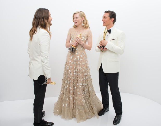 86th Annual Academy Awards Oscars, Portraits, Los Angeles, America - 02 Mar 2014
A.M.P.A.S. Oscar® winners Jared Leto for Performance by an Actor in a Supporting Role for his role in "Dallas Buyers Club", Cate Blanchett for Actress in a Leading Role for her role in "Blue Jasmine", and Matthew MacConaughey for Performance by an Actor in a Leading Rule for his role in "Dallas Buyers Club", pose backstage with their Oscars®.
2 Mar 2014