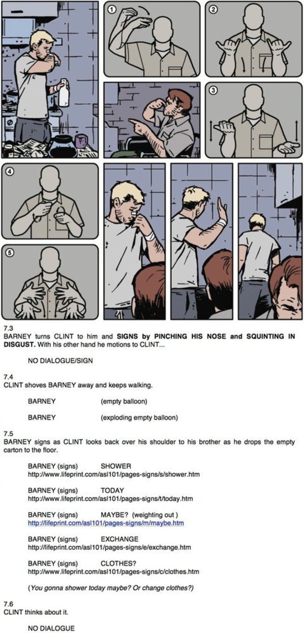 Hawkeye is deaf in Matt Fraction and David Aja's sign-language issue