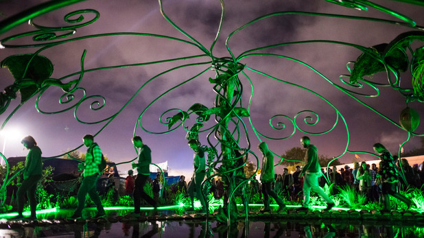 Festivalgoers in the Green Fields area at the Glastonbury Festival 2015