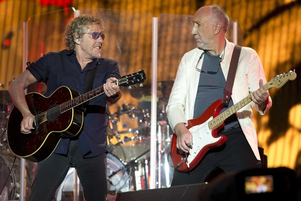 Roger Daltrey and Pete Townshend of the English rock band The Who perform on the Pyramid Stage at the Glastonbury Festival